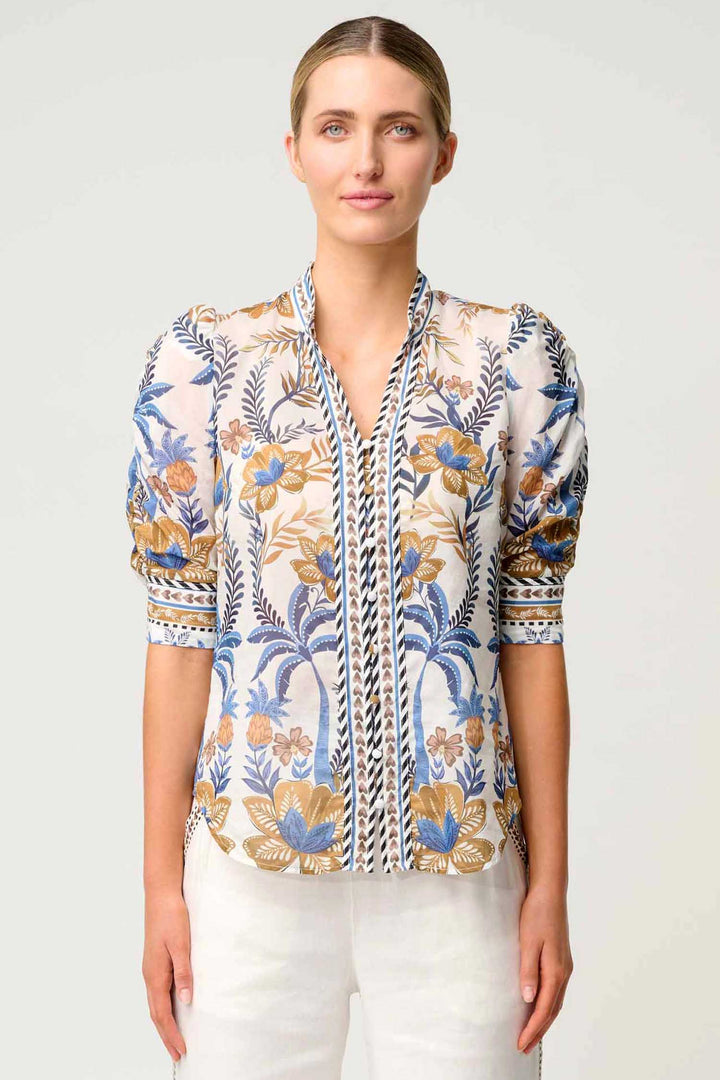 Calantha Contrast Trim Ruched Sleeve Shirt in Golden Medina