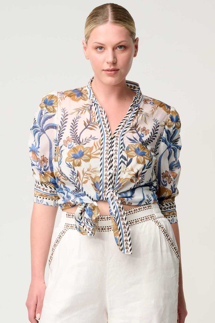 Calantha Contrast Trim Ruched Sleeve Shirt in Golden Medina