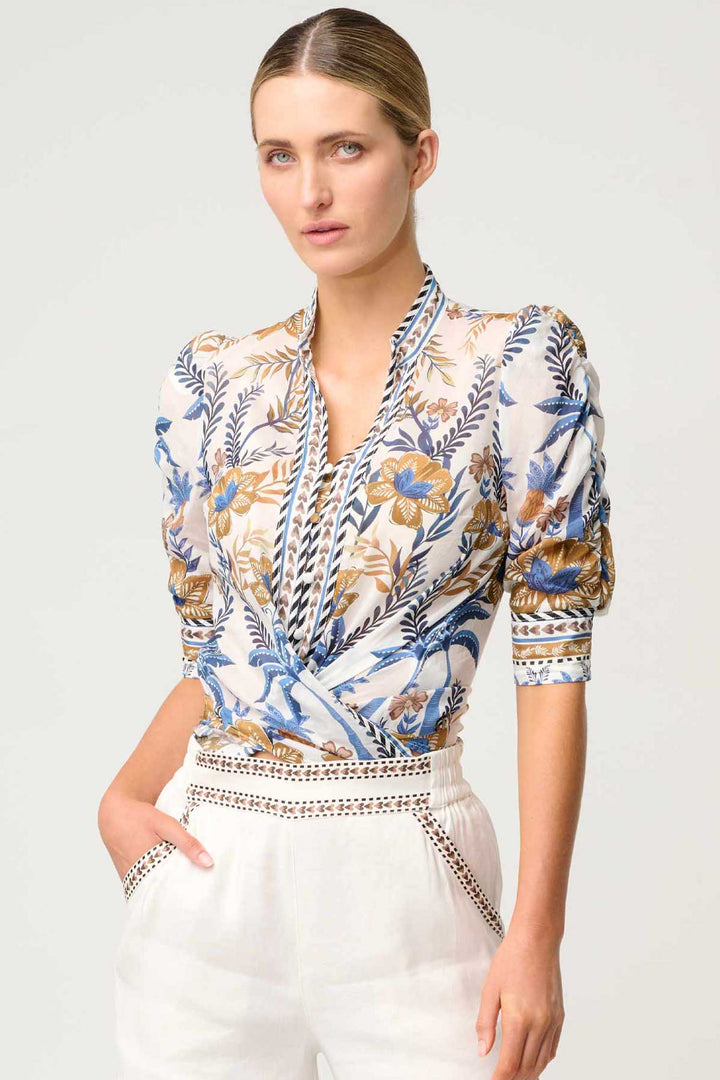 Calantha Contrast Trim Ruched Sleeve Shirt in Golden Medina