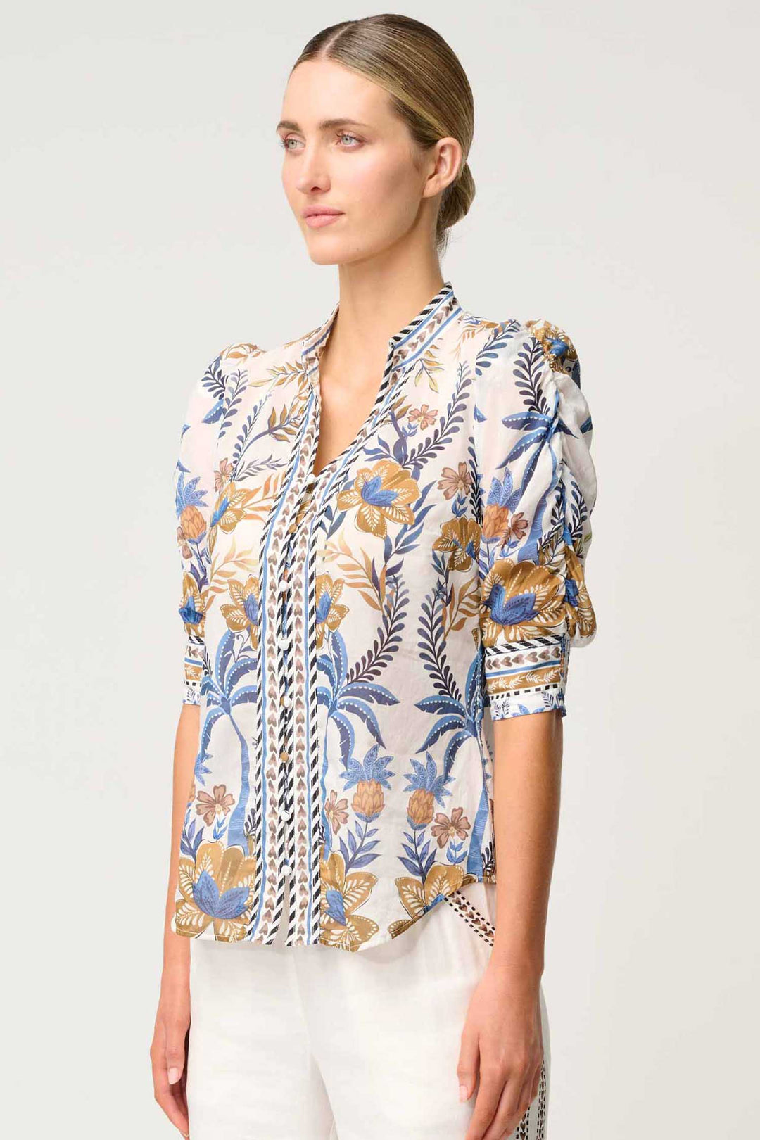 Calantha Contrast Trim Ruched Sleeve Shirt in Golden Medina