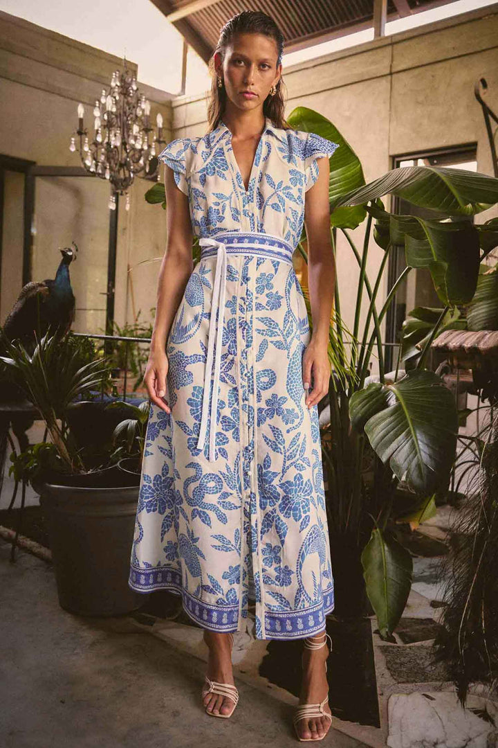 Callista Dobby Petal Sleeve Midi Dress in Azure Mosaic