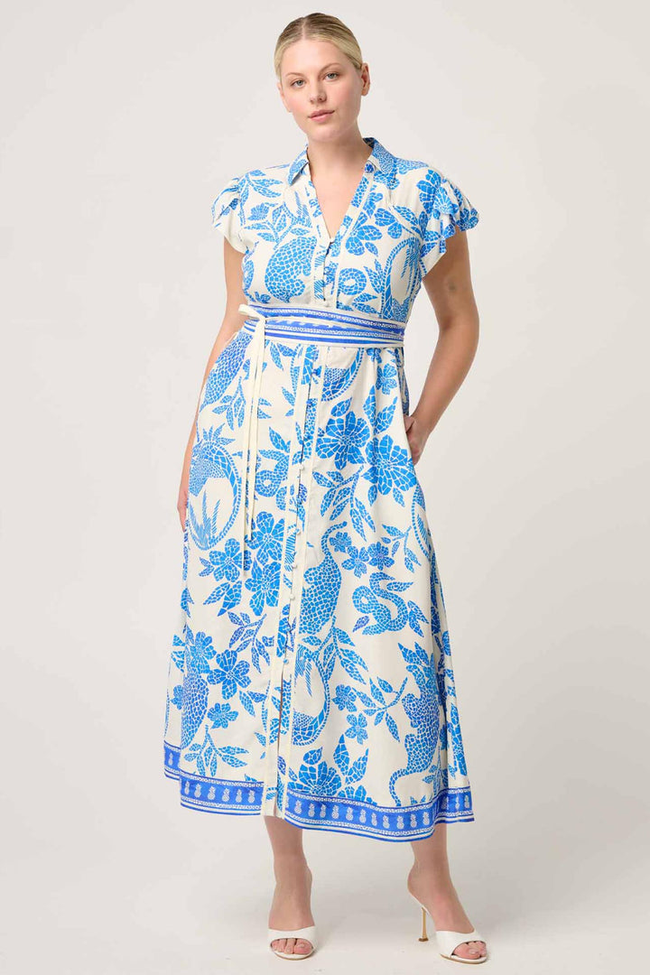 Callista Dobby Petal Sleeve Midi Dress in Azure Mosaic