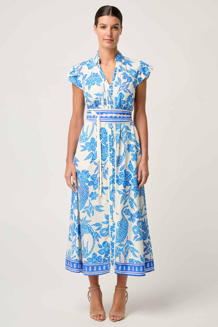 Callista Dobby Petal Sleeve Midi Dress in Azure Mosaic