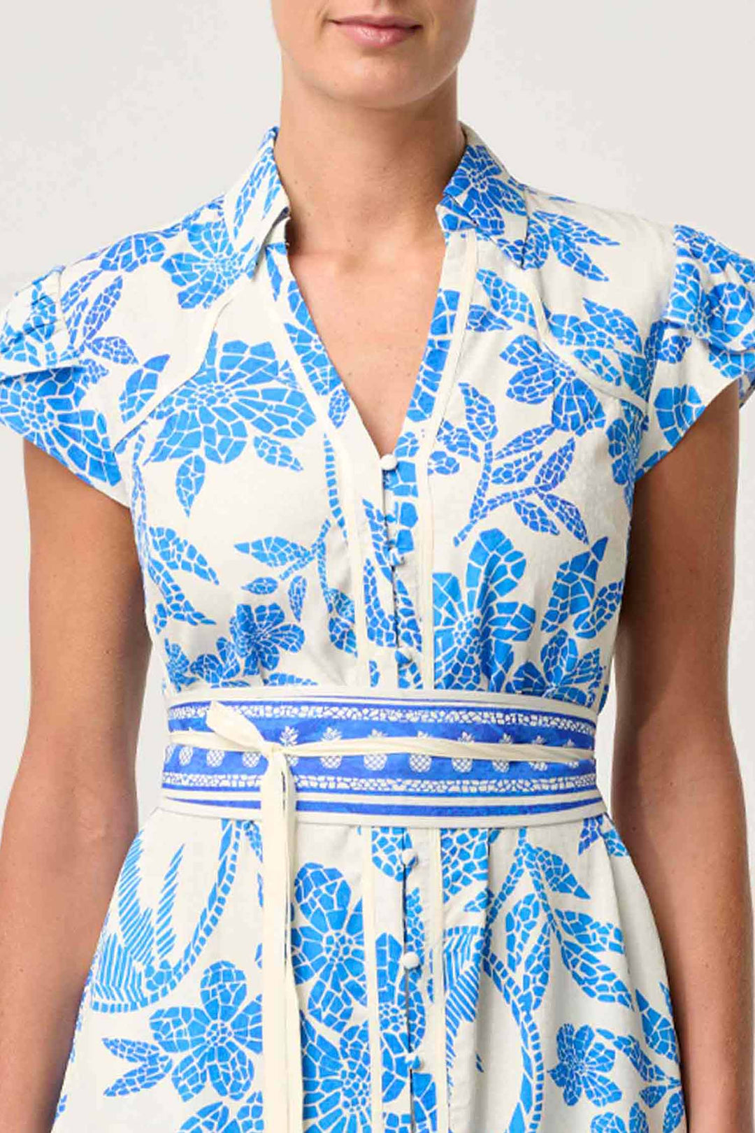 Callista Dobby Petal Sleeve Midi Dress in Azure Mosaic