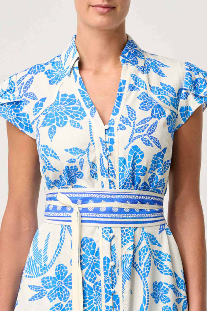 Callista Dobby Petal Sleeve Midi Dress in Azure Mosaic