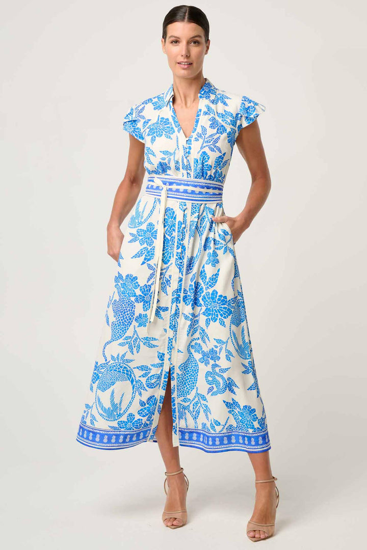 Callista Dobby Petal Sleeve Midi Dress in Azure Mosaic