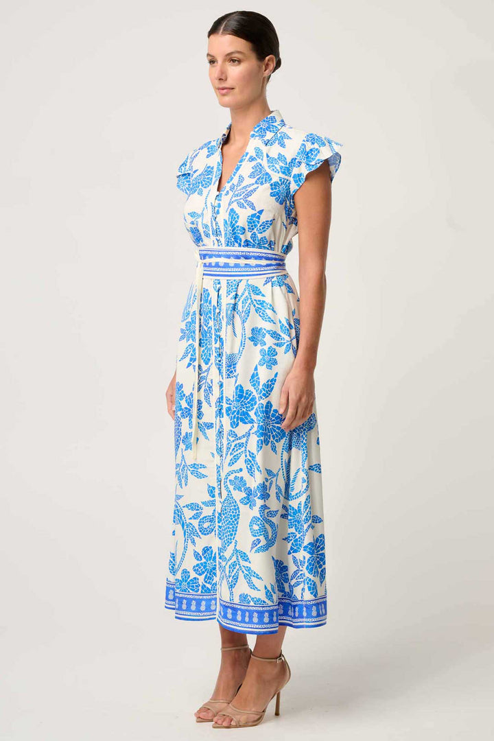 Callista Dobby Petal Sleeve Midi Dress in Azure Mosaic