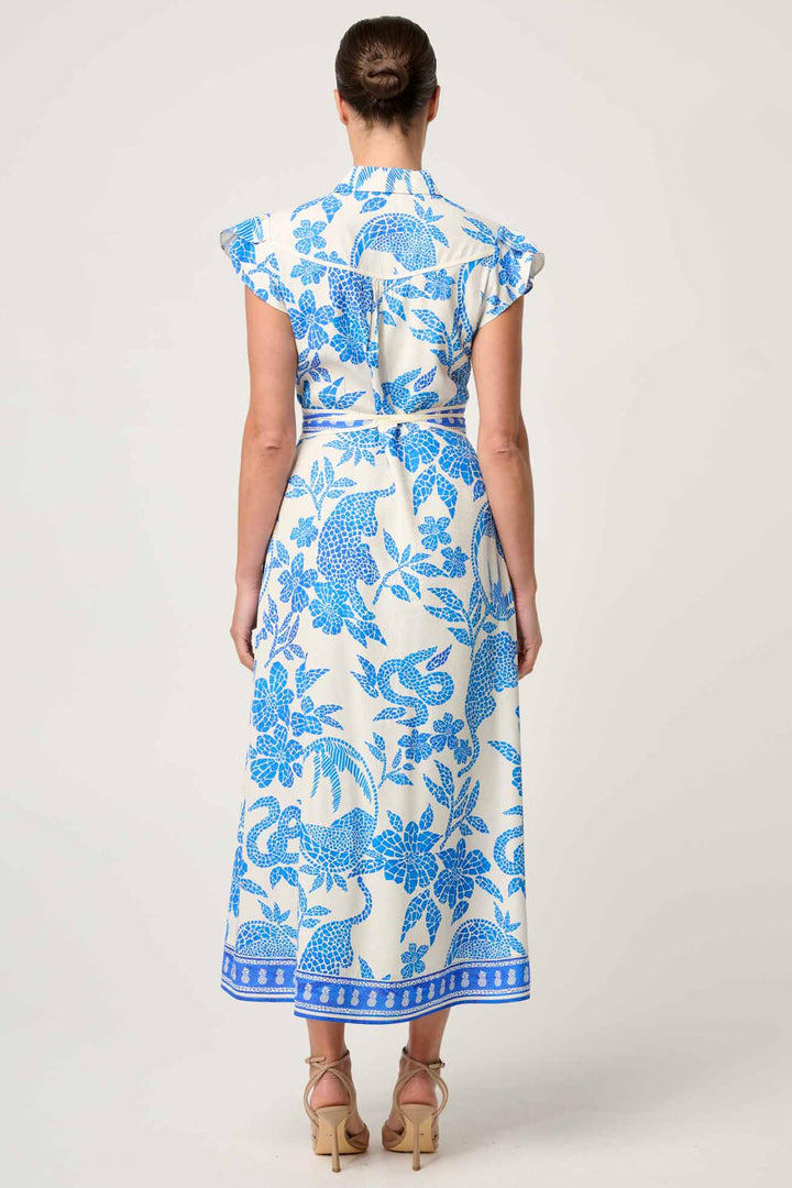 Callista Dobby Petal Sleeve Midi Dress in Azure Mosaic