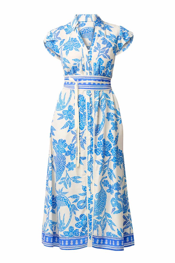 Callista Dobby Petal Sleeve Midi Dress in Azure Mosaic
