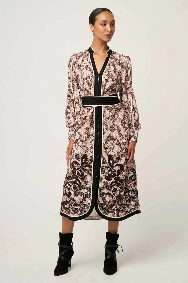 Camille Curved Hem Embroidered Dress in Russet Palm