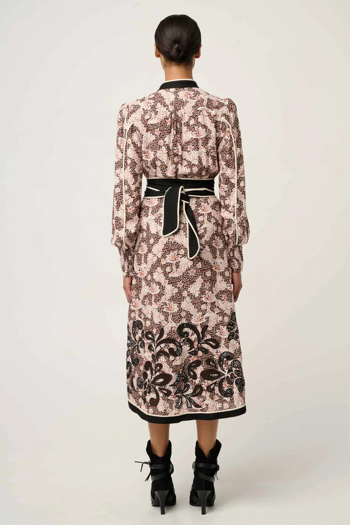Camille Curved Hem Embroidered Dress in Russet Palm