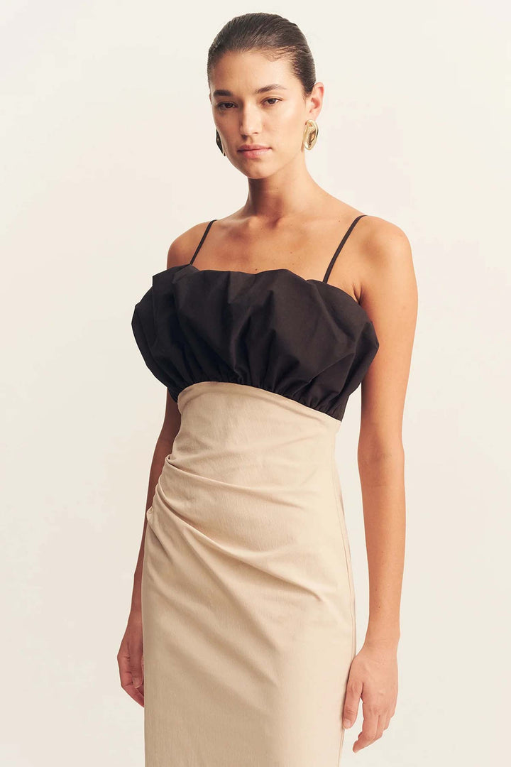 Campbell Bubble Bodice Midi Dress in Oat Milk