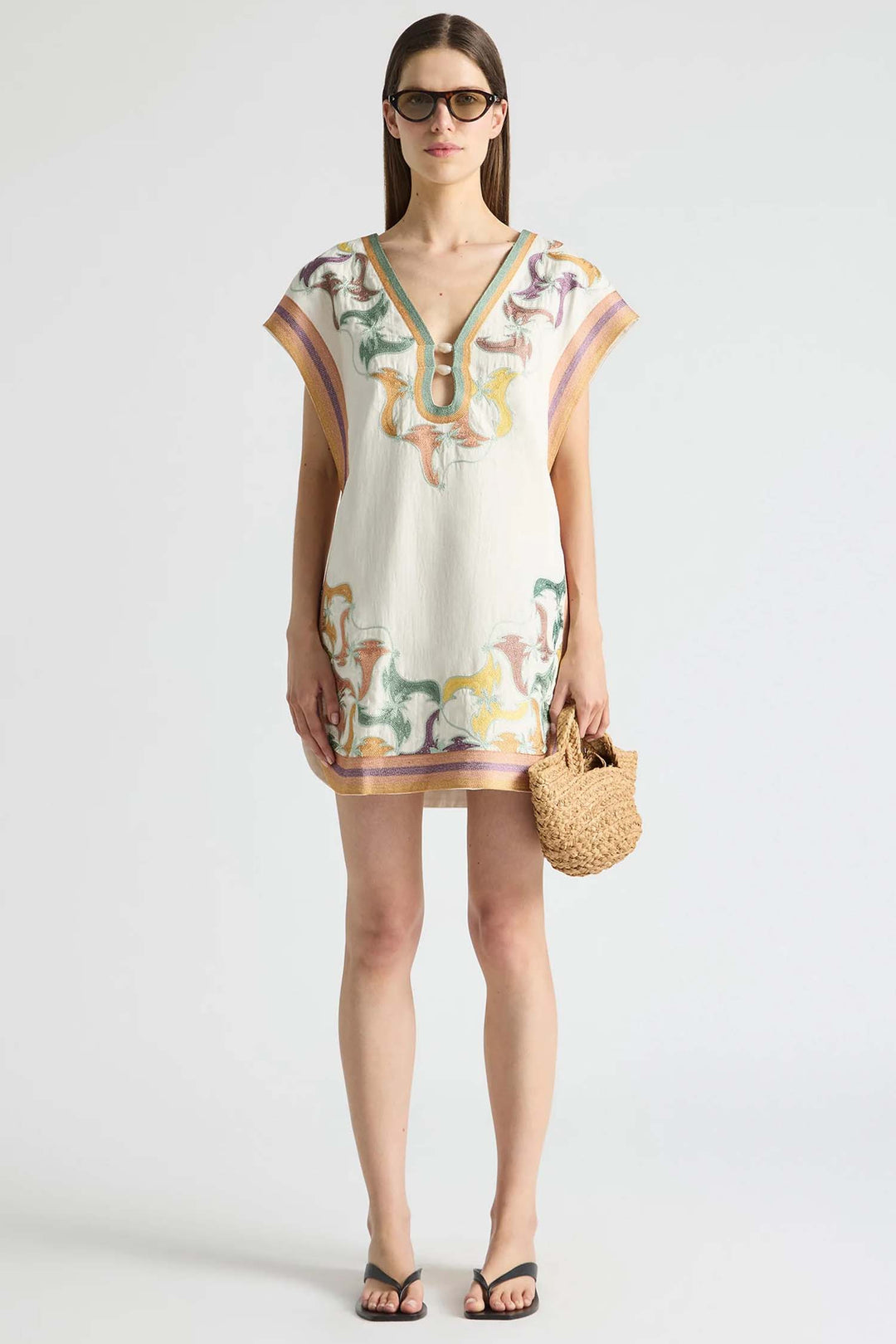 Cap Sleeve Shift Dress with Keyhole in Framed