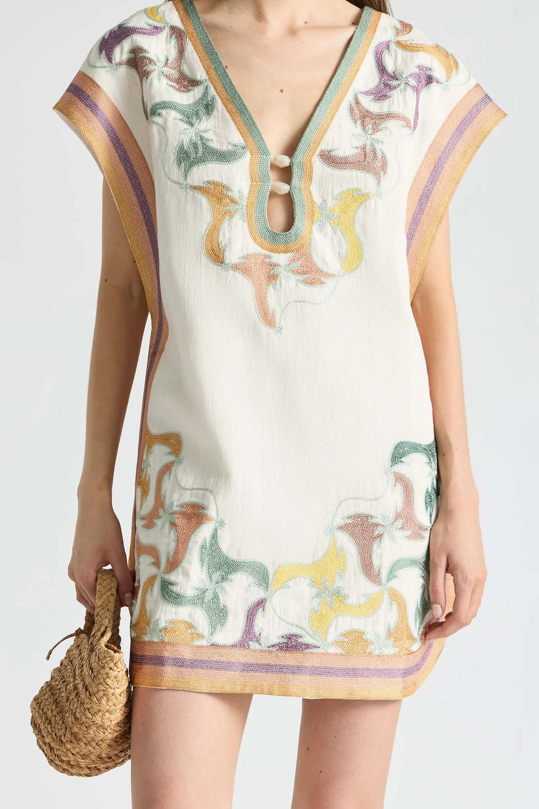 Cap Sleeve Shift Dress with Keyhole in Framed