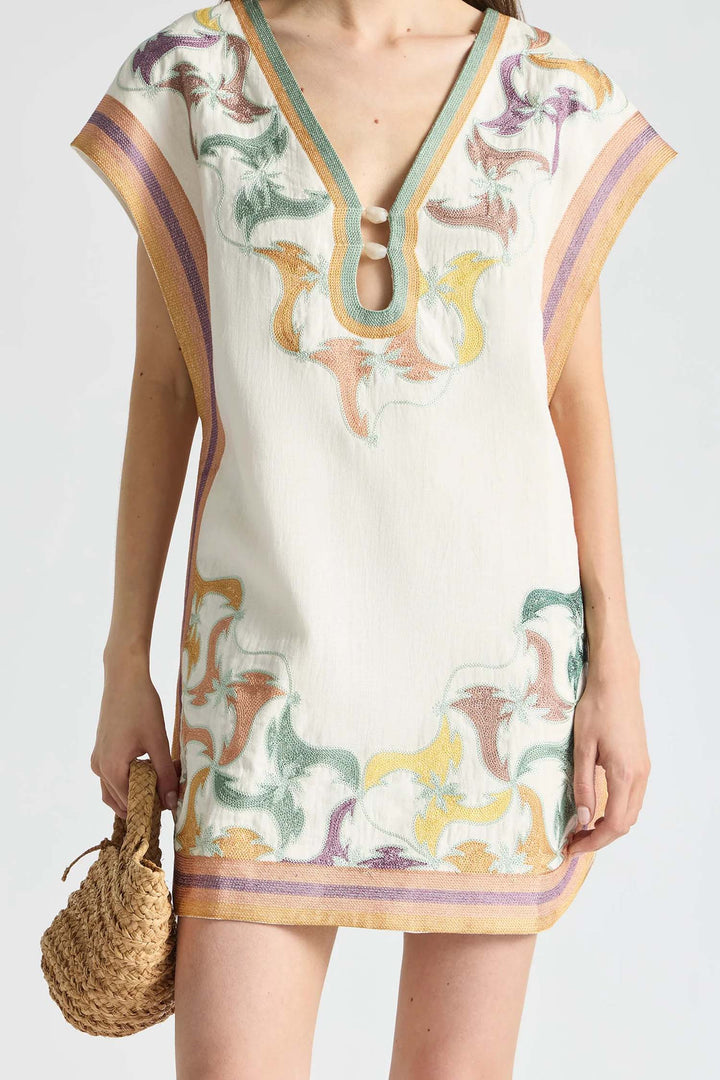 Cap Sleeve Shift Dress with Keyhole in Framed