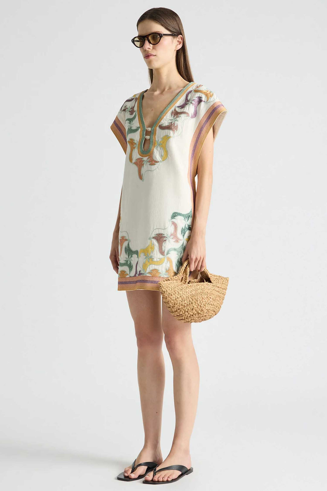 Cap Sleeve Shift Dress with Keyhole in Framed