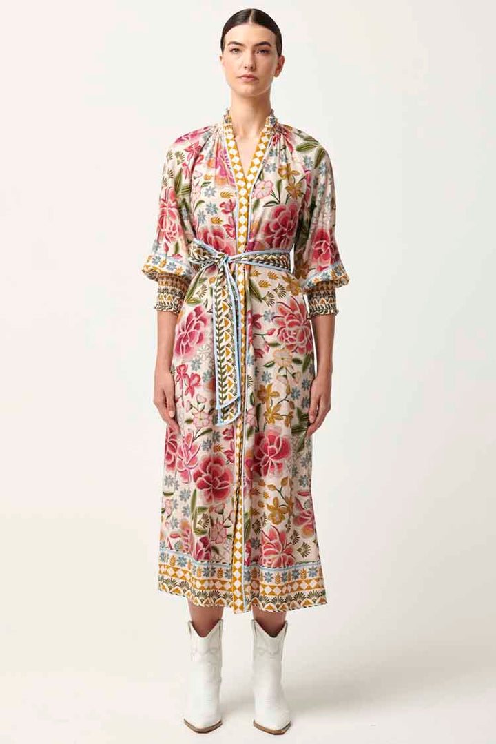 Carmen Viscose Linen Maxi Dress in Azalea Fields