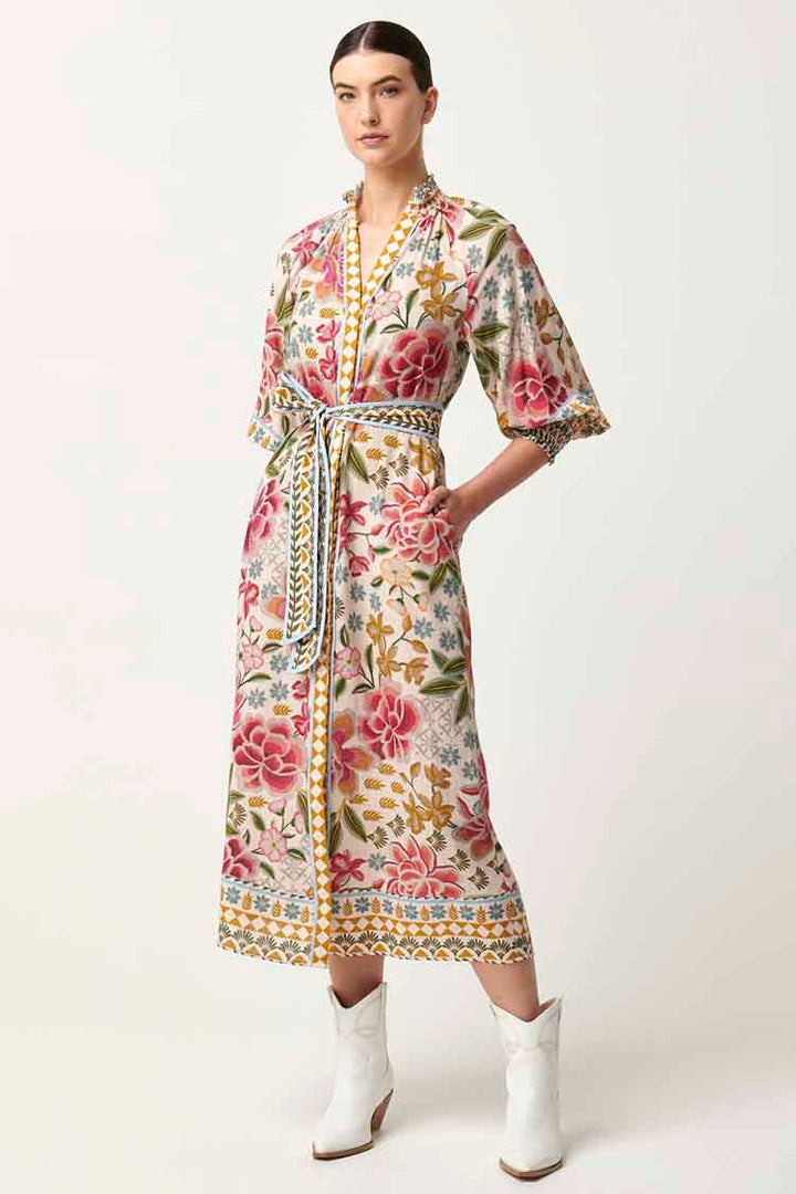 Carmen Viscose Linen Maxi Dress in Azalea Fields
