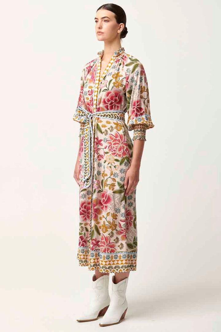 Carmen Viscose Linen Maxi Dress in Azalea Fields