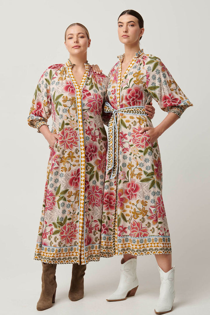 Carmen Viscose Linen Maxi Dress in Azalea Fields