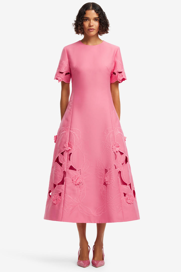 Caroline Applique Short Sleeve Midi Dress in Fuchsia