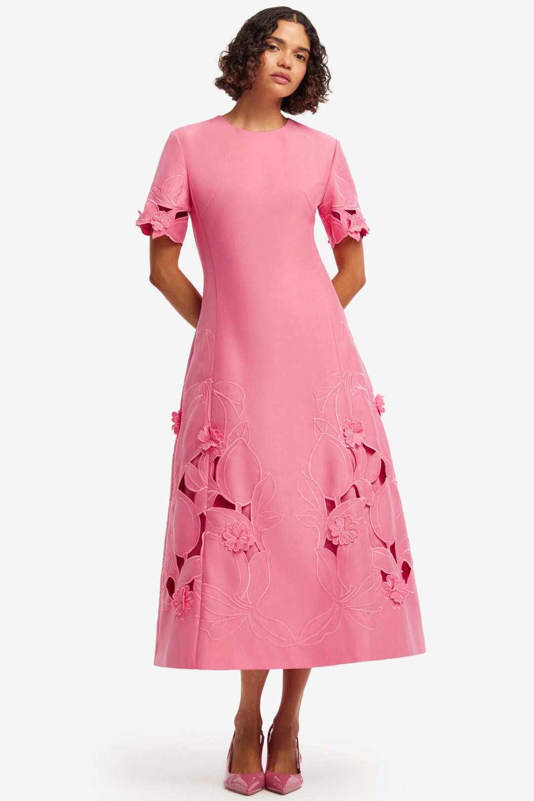 Caroline Applique Short Sleeve Midi Dress in Fuchsia