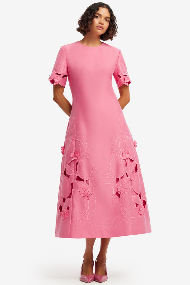 Caroline Applique Short Sleeve Midi Dress in Fuchsia
