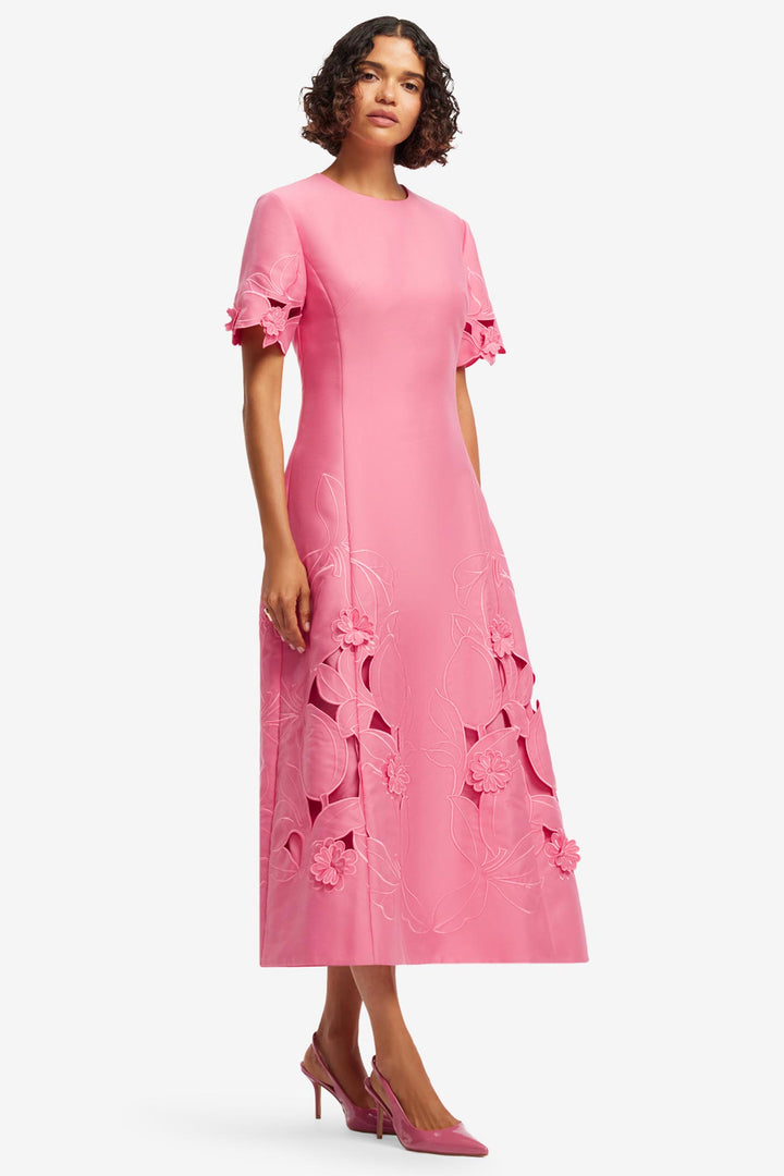 Caroline Applique Short Sleeve Midi Dress in Fuchsia