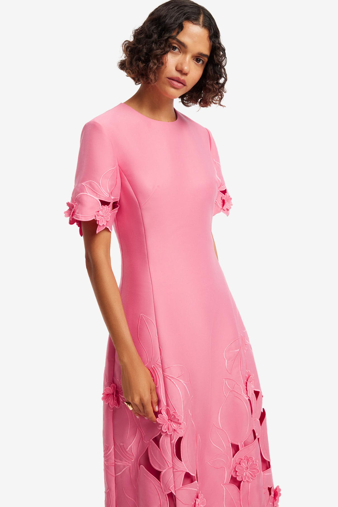 Caroline Applique Short Sleeve Midi Dress in Fuchsia