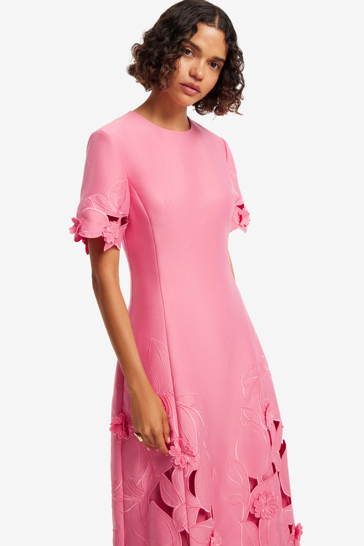 Caroline Applique Short Sleeve Midi Dress in Fuchsia