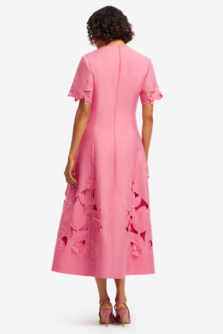 Caroline Applique Short Sleeve Midi Dress in Fuchsia