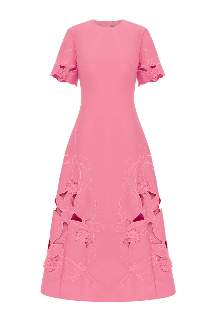 Caroline Applique Short Sleeve Midi Dress in Fuchsia