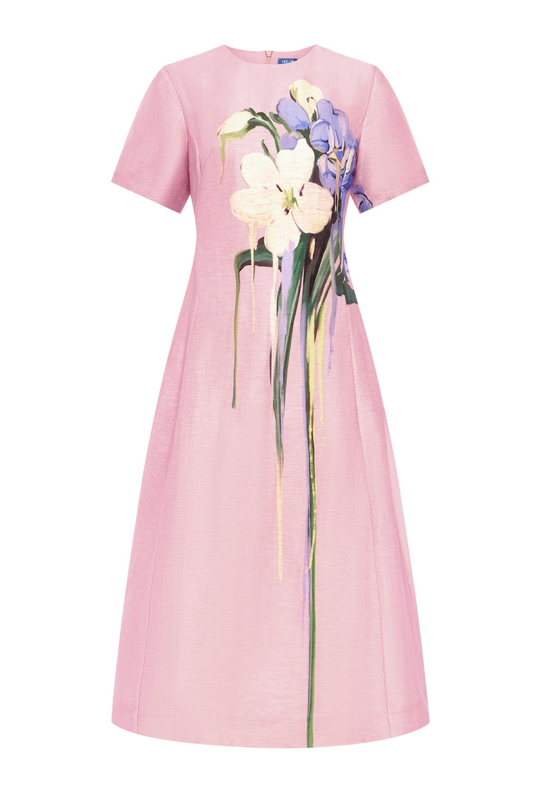 Caroline Short Sleeve Midi Dress in Bouquet Print in Pastel Pink