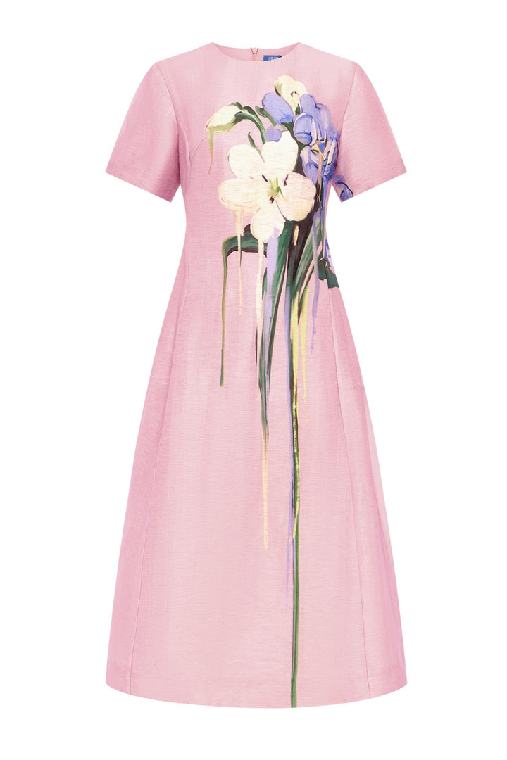 Caroline Short Sleeve Midi Dress in Bouquet Print in Pastel Pink