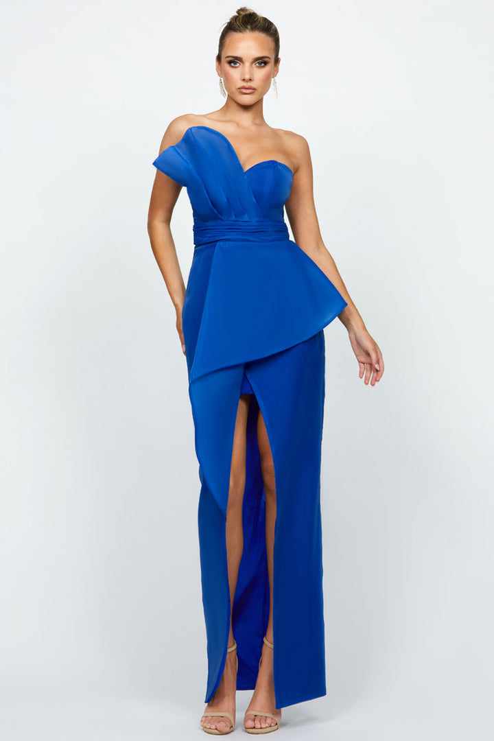 Charlee Strapless Ruffle Gown in Cobalt