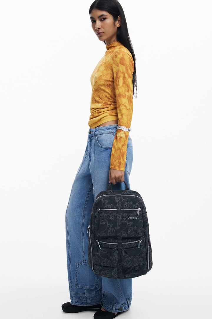 Chester Embroidered Denim Backpack in Black