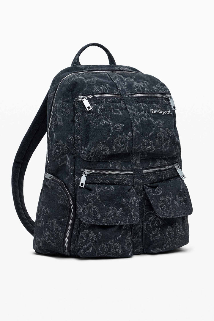 Chester Embroidered Denim Backpack in Black