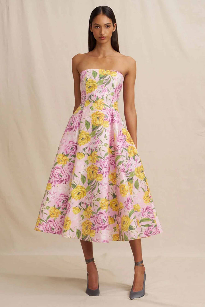 Christina Panel Strapless Dress in Lilac Floral