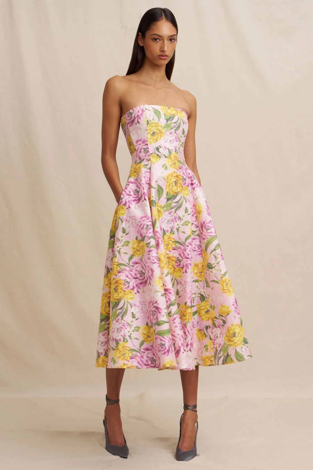 Christina Panel Strapless Dress in Lilac Floral