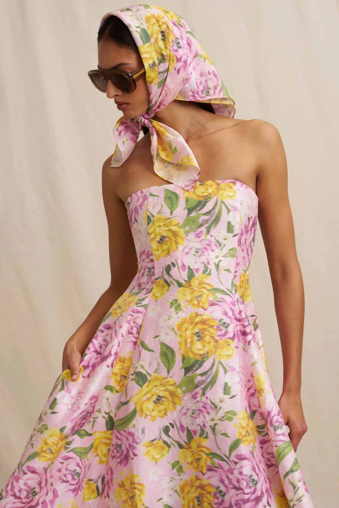 Christina Panel Strapless Dress in Lilac Floral