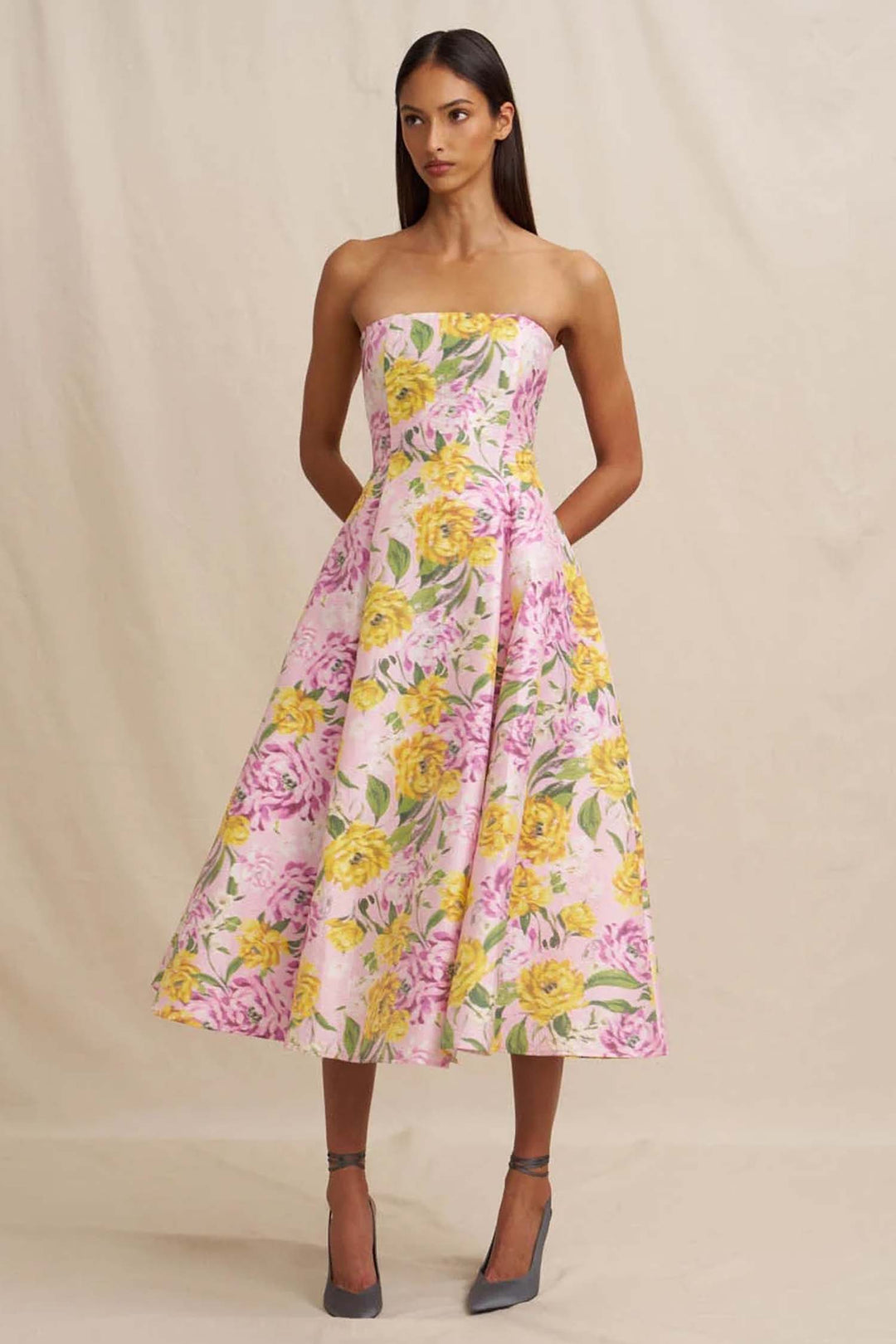 Christina Panel Strapless Dress in Lilac Floral