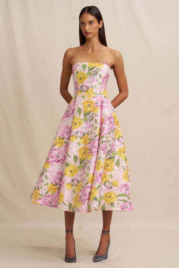Christina Panel Strapless Dress in Lilac Floral