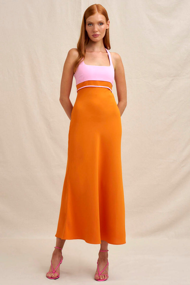 Christine Bias Midi Dress in Orange Pink