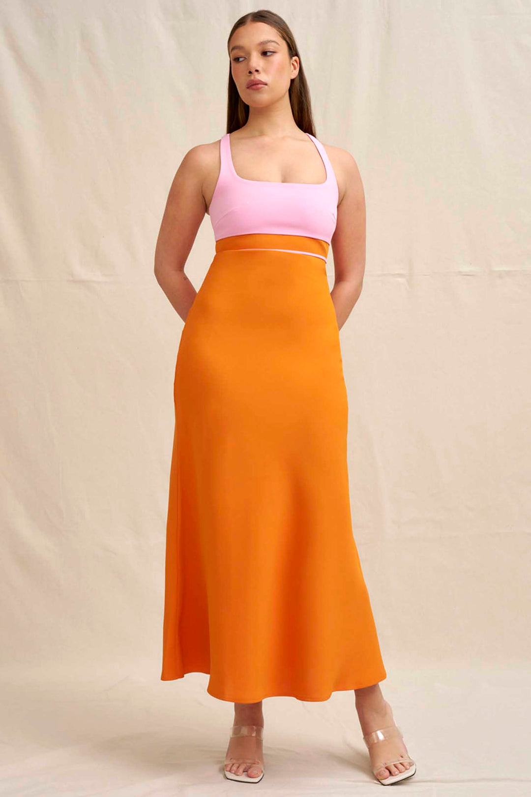 Christine Bias Midi Dress in Orange Pink