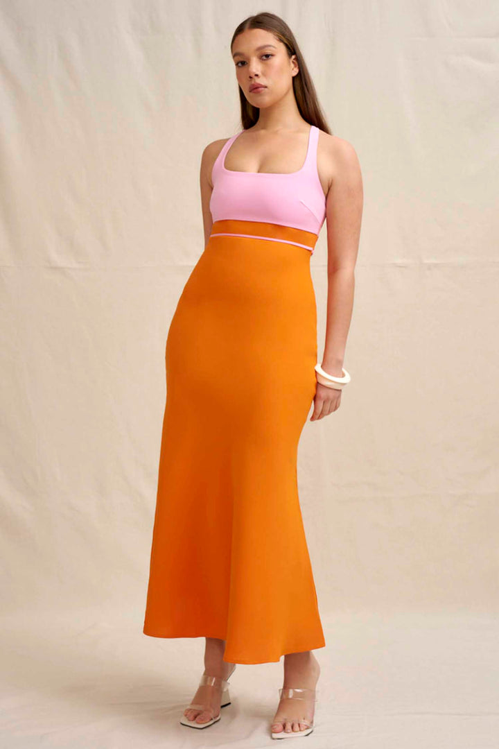 Christine Bias Midi Dress in Orange Pink