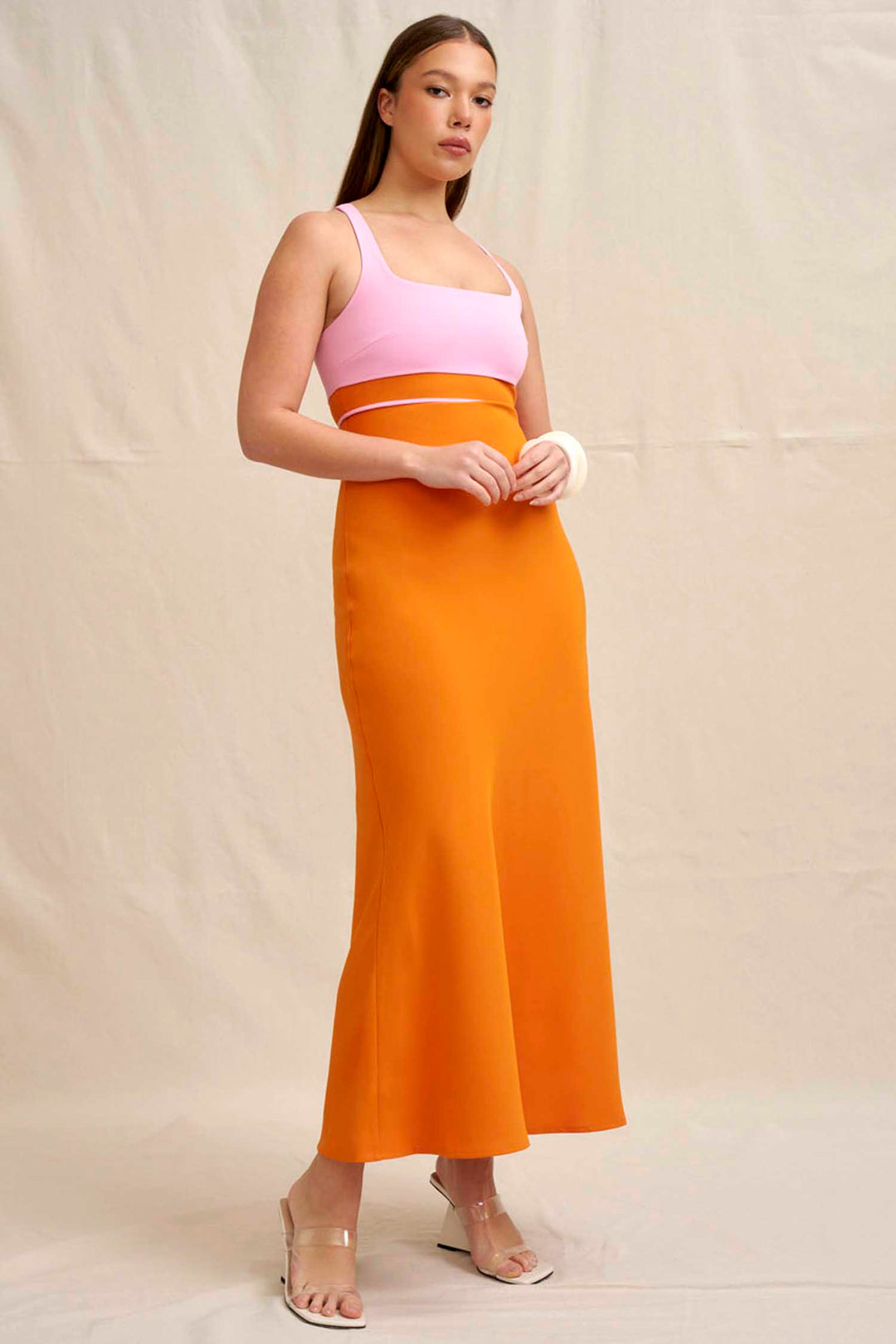 Christine Bias Midi Dress in Orange Pink