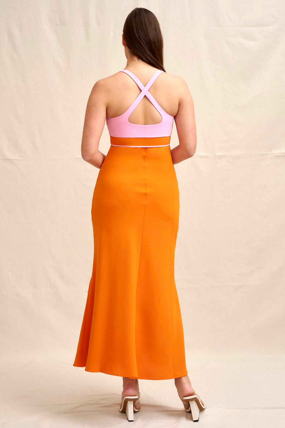 Christine Bias Midi Dress in Orange Pink