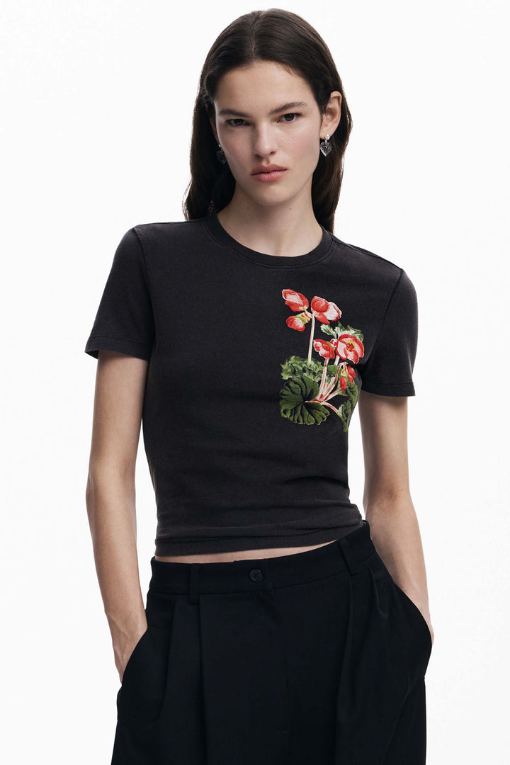 Classic Black Tee with Flowers