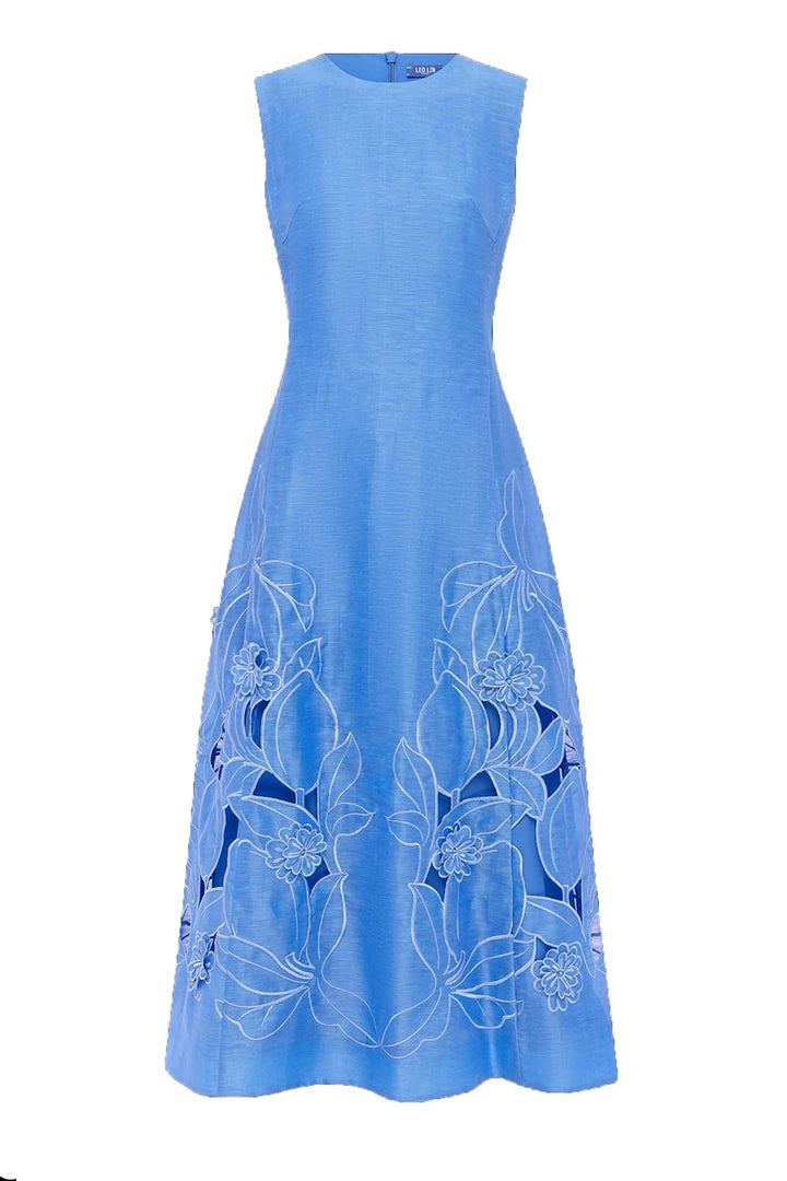 Cleo Applique Sleeveless Midi Dress in Azure