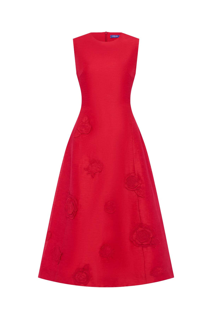 Cleo Applique Sleeveless Midi Dress in Scarlet